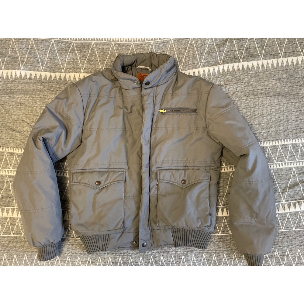 Vintage Levi's Puffer‎ Bomber Jacket Gray Quilted Zip Utility Pockets Size M